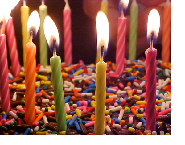 Lit candles on a birthday cake